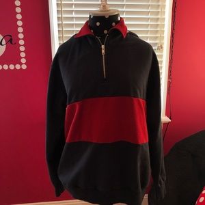 Red and navy striped quarter zip jacket